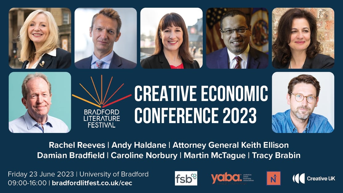 Headshots of all the panel speakers in a semi-arc. In the centre of the graphic is the 'open book' BLF logo and in white writing, Creative Economic Conference 2023.