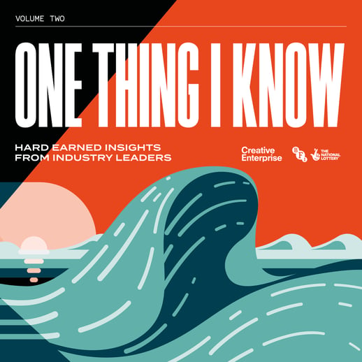 'One Thing I Know' written in bold, white lettering on a red and black background. A big wave is illustrated underneath the lettering.
